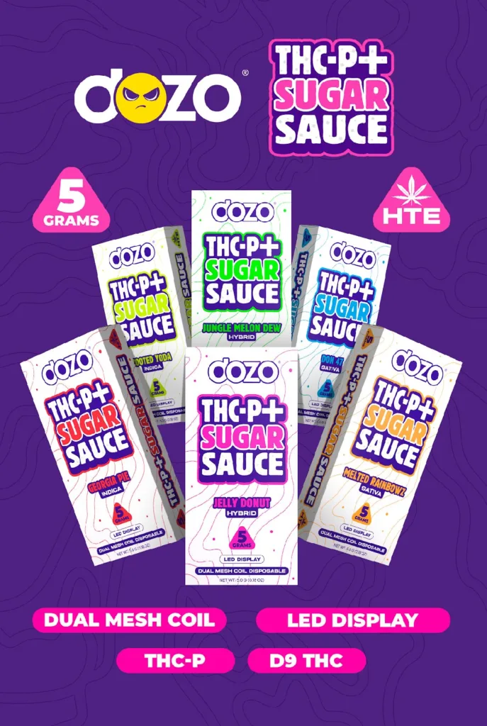 Close-up and lifestyle images of the DOZO ‘THC-P+ SUGAR SUACE’ DISPOSABLE by DOZO.