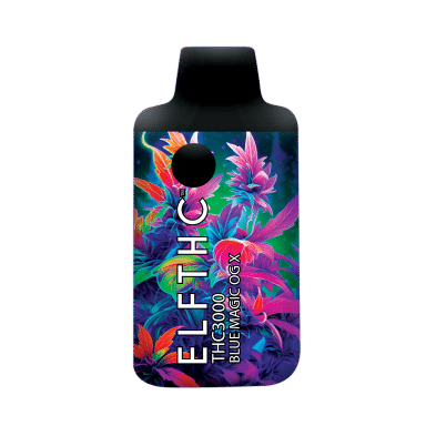 Close-up and lifestyle images of the ELF THC LIMITED EDITION ‘HIGH POTENCY’ BLEND DISPOSABLE by ELF.