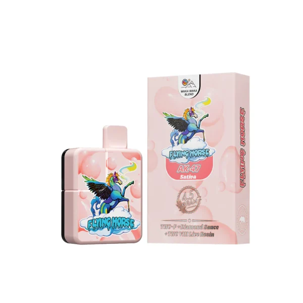 Close-up and lifestyle images of the FLYING HORSE ‘WAKA WAKA BLEND’ DISPOSABLE by FLYING HORSE.