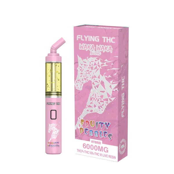 Close-up and lifestyle images of the FLYING THC ‘WAKA WAKA BLEND’ DISPOSABLE by FLYING HORSE.