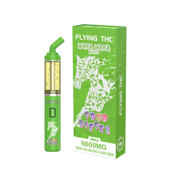 Close-up and lifestyle images of the FLYING THC ‘WAKA WAKA BLEND’ DISPOSABLE by FLYING HORSE.