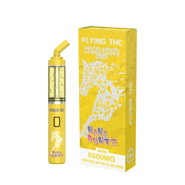 Close-up and lifestyle images of the FLYING THC ‘WAKA WAKA BLEND’ DISPOSABLE by FLYING HORSE.