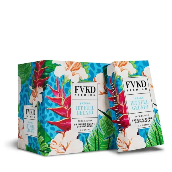 Close-up and lifestyle images of the FVKD PREMIUM ‘THC-A BADDER BLEND’ by FVKD.
