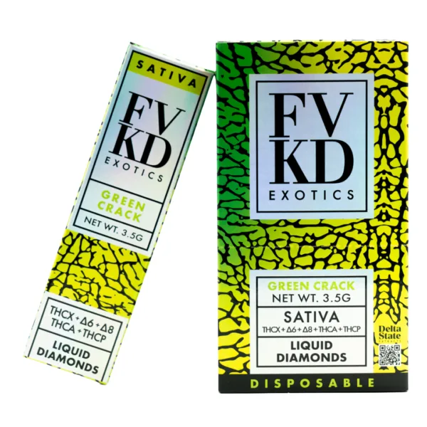 Close-up and lifestyle images of the FVKD ‘LIQUID DIAMONDS’ DISPOSABLE by FVKD.