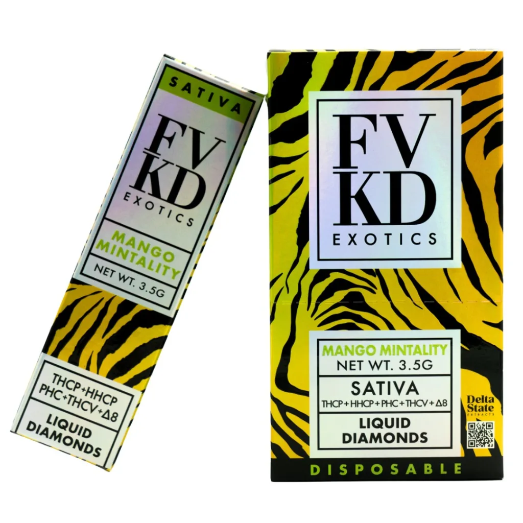 Close-up and lifestyle images of the FVKD ‘LIQUID DIAMONDS’ DISPOSABLE by FVKD.