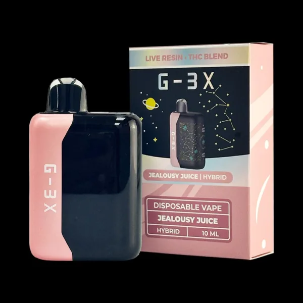 Close-up and lifestyle images of the G-3X LIVE RESIN THC-P DISPOSABLE by G-3X.