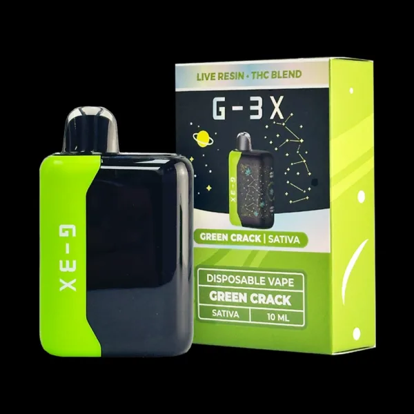 Close-up and lifestyle images of the G-3X LIVE RESIN THC-P DISPOSABLE by G-3X.