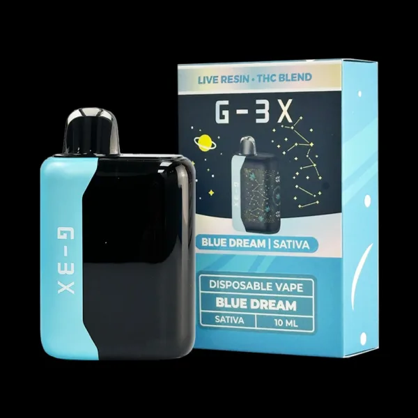 Close-up and lifestyle images of the G-3X LIVE RESIN THC-P DISPOSABLE by G-3X.
