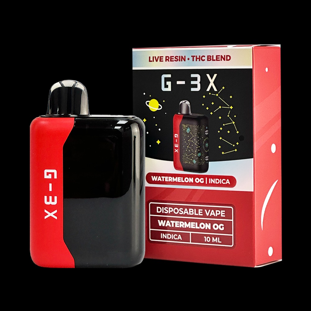 Close-up and lifestyle images of the G-3X LIVE RESIN THC-P DISPOSABLE by G-3X.