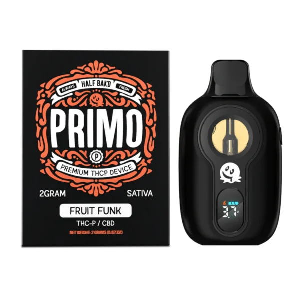 Close-up and lifestyle images of the HALF BAK’D PRIMO DISPOSABLE by HALF BAKD.