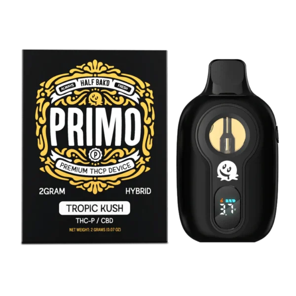 Close-up and lifestyle images of the HALF BAK’D PRIMO DISPOSABLE by HALF BAKD.