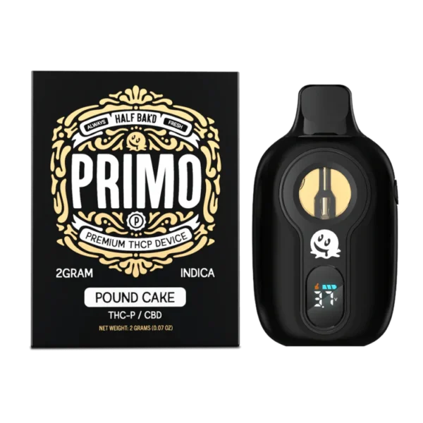 Close-up and lifestyle images of the HALF BAK’D PRIMO DISPOSABLE by HALF BAKD.
