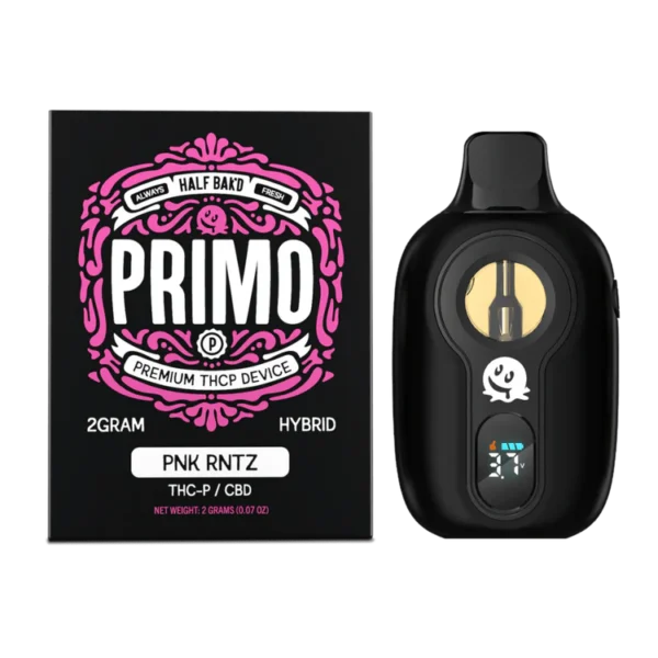 Close-up and lifestyle images of the HALF BAK’D PRIMO DISPOSABLE by HALF BAKD.