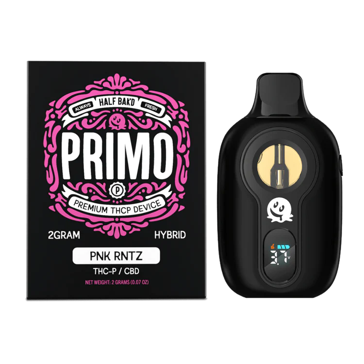 Close-up and lifestyle images of the HALF BAK’D PRIMO DISPOSABLE by HALF BAKD.
