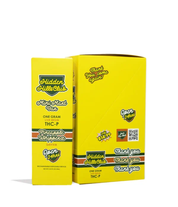 Close-up and lifestyle images of the HIDDEN HILLS ‘MINI MART PP $14.99’ THC-P LIVE RESIN DISPOSABLE by HIDDEN HILLS CLUB.