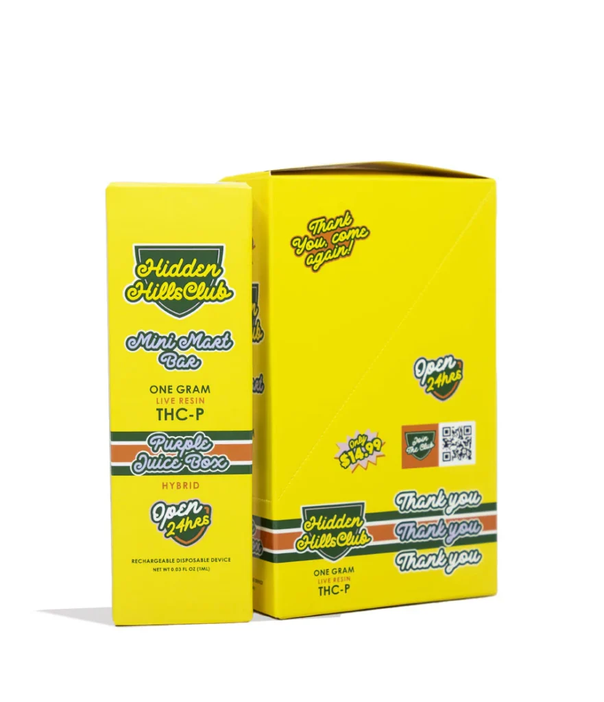Close-up and lifestyle images of the HIDDEN HILLS ‘MINI MART PP $14.99’ THC-P LIVE RESIN DISPOSABLE by HIDDEN HILLS CLUB.