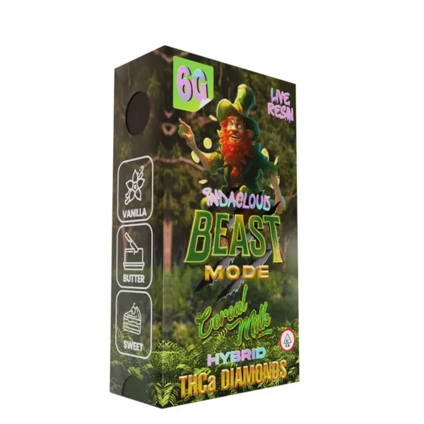 Close-up and lifestyle images of the INDA CLOUD BEAST MODE THC-A DIAMONDS DISPOSABLE by INDA CLOUD.