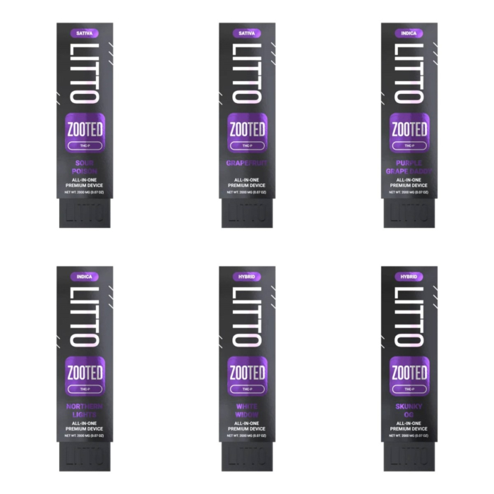 Close-up and lifestyle images of the LITTO ‘ZOOTED’ THC-P DISPOSABLE by LITTO.