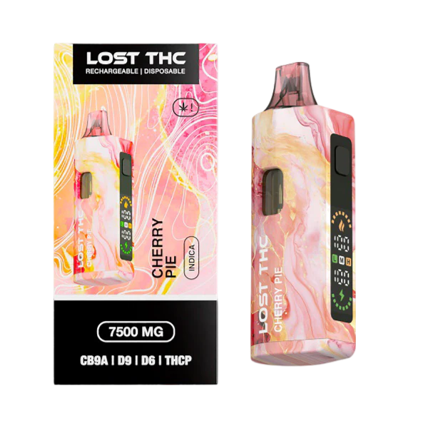 Close-up and lifestyle images of the LOST THC V2 DISPOSABLE by LOST THC.