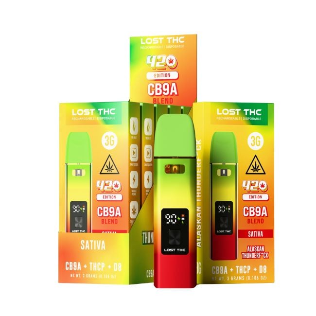 Close-up and lifestyle images of the LOST THC ‘420 EDITION CB9A BLEND’ THCP + D8 DISPOSABLE by LOST THC.