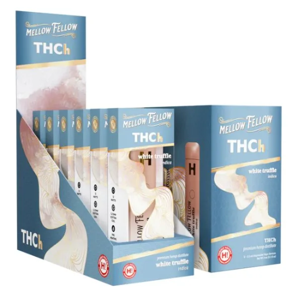 Close-up and lifestyle images of the MELLOW FELLOW THC-H DISPOSABLE by MELLOW FELLOW.