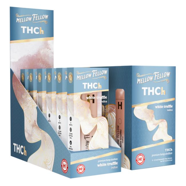 Close-up and lifestyle images of the MELLOW FELLOW THC-H DISPOSABLE by MELLOW FELLOW.