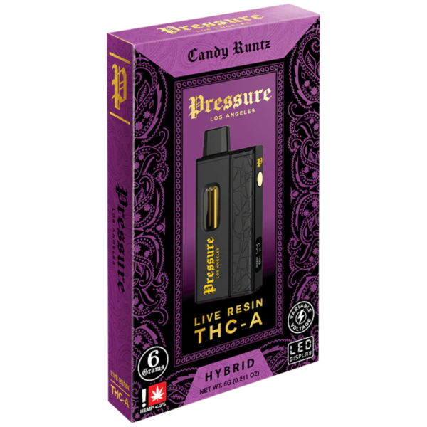 High resolution image showcasing PRESSURE LIVE RESIN THCA DISPOSABLE.