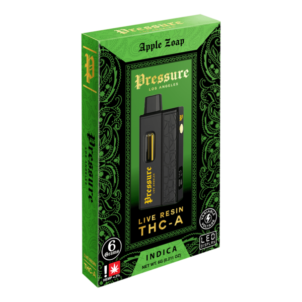 High resolution image showcasing PRESSURE LIVE RESIN THCA DISPOSABLE.