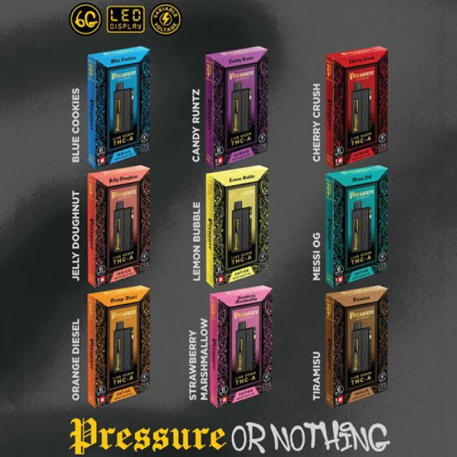 High resolution image showcasing PRESSURE LIVE RESIN THCA DISPOSABLE.