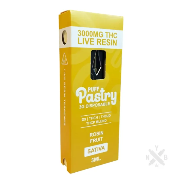 Close-up and lifestyle images of the PUFF PASTRY THC-P DISPOSABLE by NOT YOUR BAKERY.