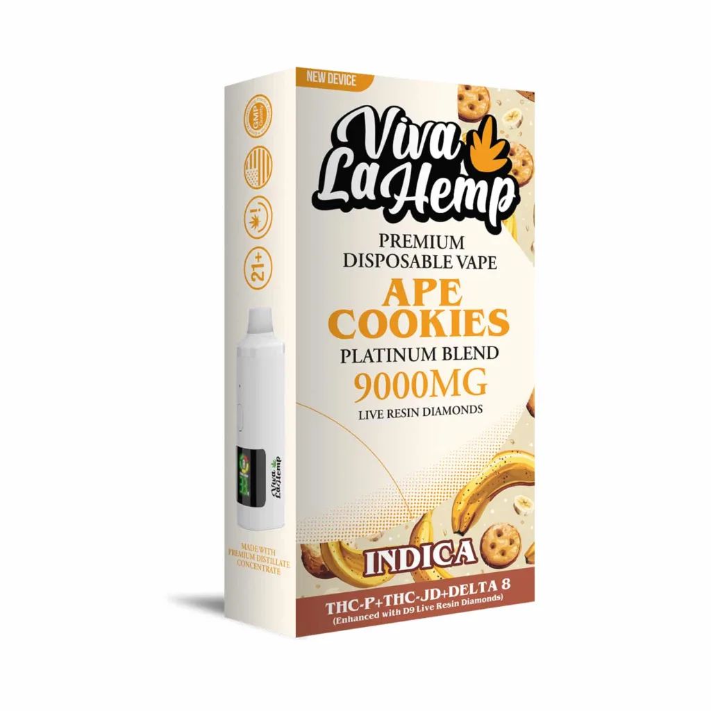 Close-up and lifestyle images of the VIVA LA HEMP ‘PLATINIUM BLEND’ DISPOSABLE by VIVA LA HEMP.