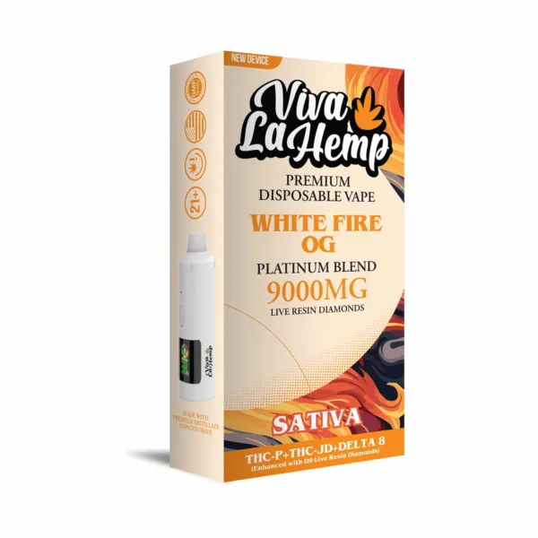 Close-up and lifestyle images of the VIVA LA HEMP ‘PLATINIUM BLEND’ DISPOSABLE by VIVA LA HEMP.