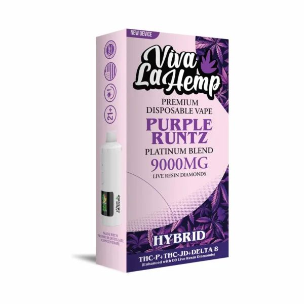 Close-up and lifestyle images of the VIVA LA HEMP ‘PLATINIUM BLEND’ DISPOSABLE by VIVA LA HEMP.