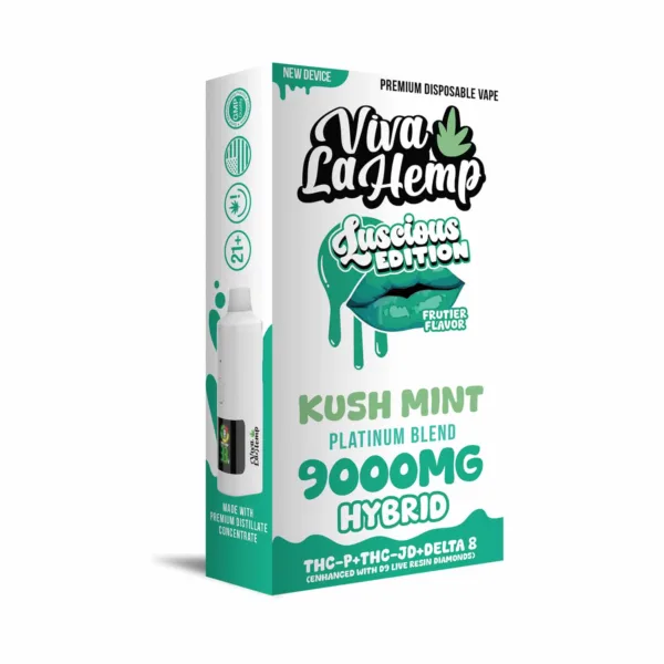 Close-up and lifestyle images of the VIVA LA HEMP ‘PLATINIUM BLEND’ DISPOSABLE by VIVA LA HEMP.